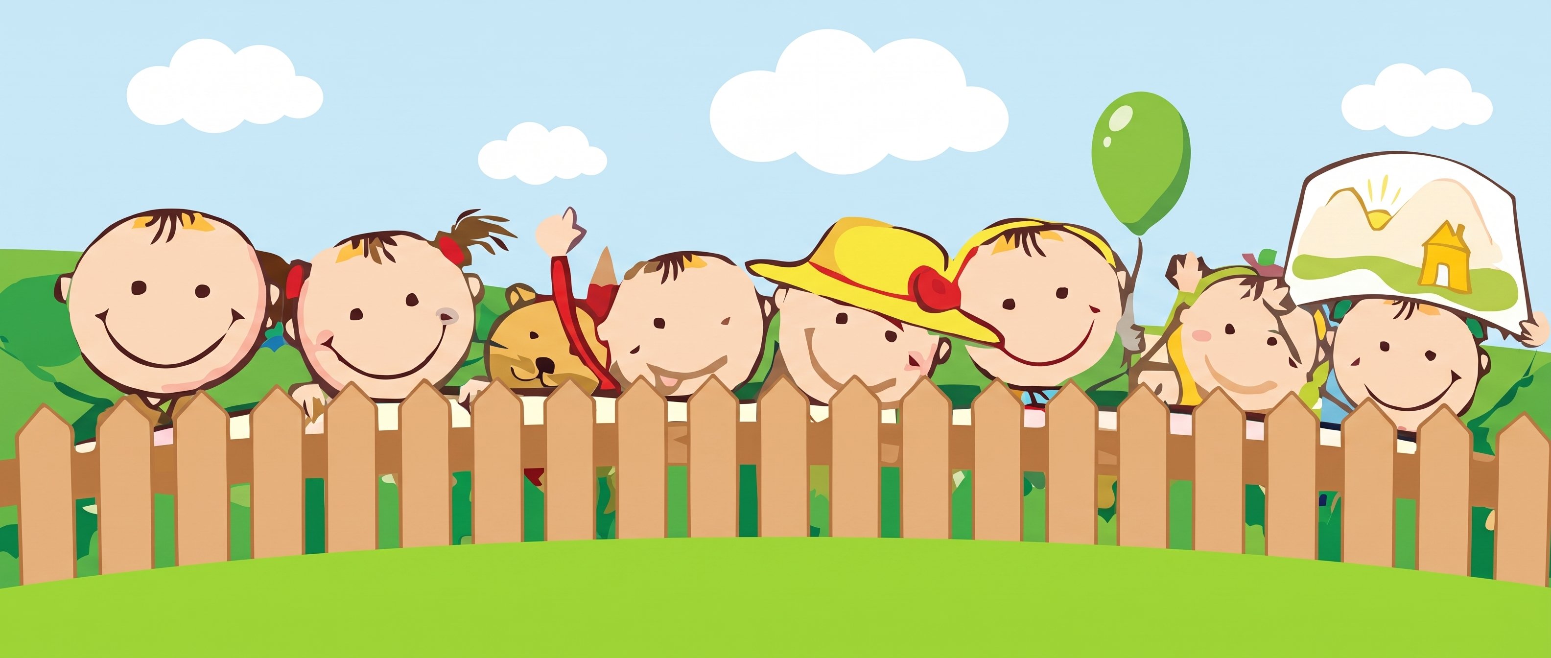 Illustration of children peeking over a picket fence, one with a puppy, one in a sunhat, one holding a green balloon
